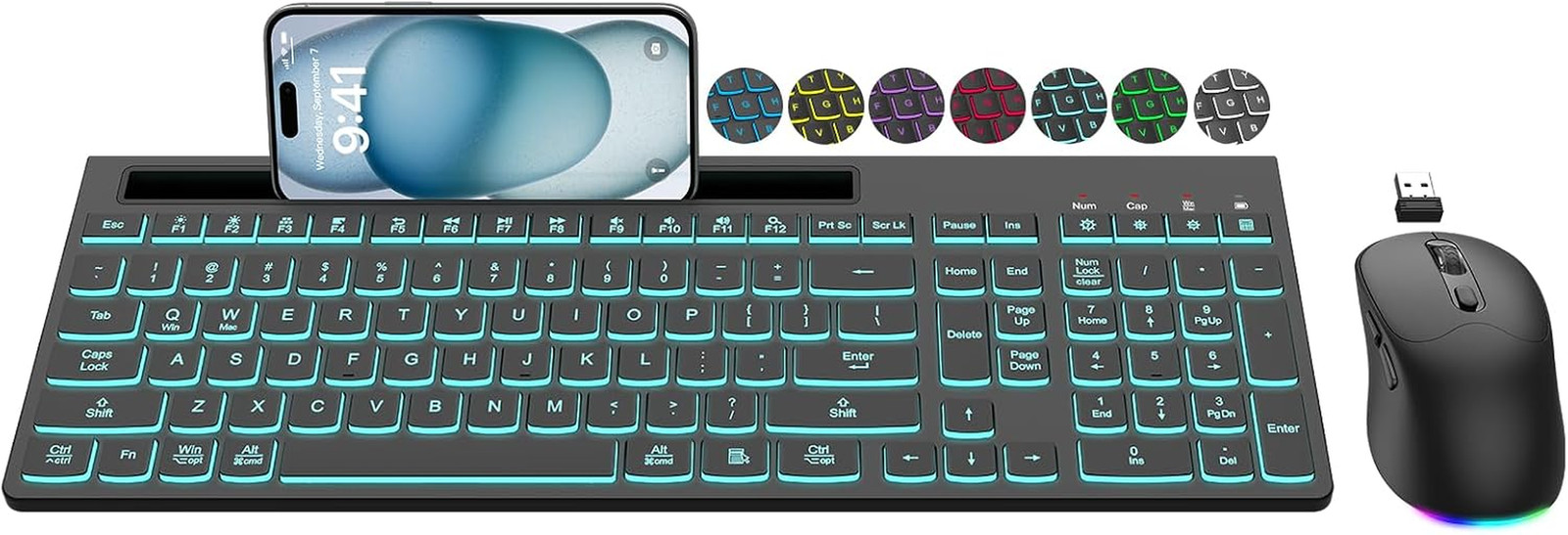 Wireless Keyboard and Mouse Combo, 7 Backlit Effects, Light up Letters