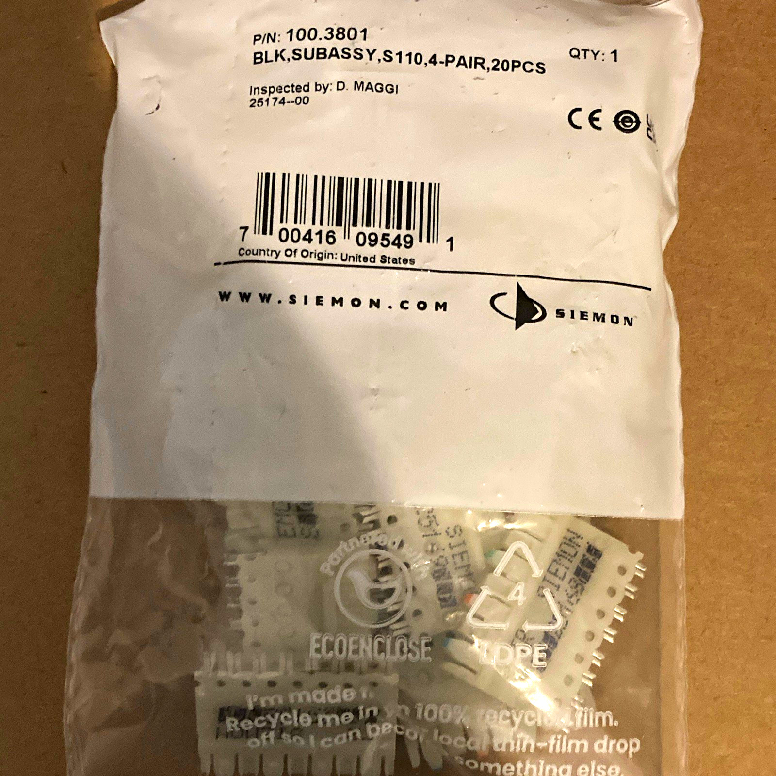 Siemon S110 4-Pair Connector Subassy, Black, MPN 100.3801, 20 pcs
