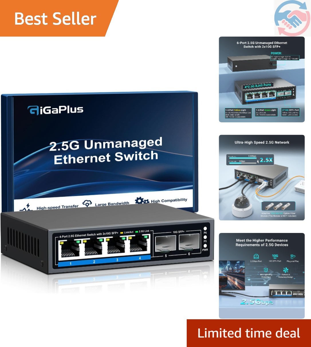 6 Ports 2.5Gb Unmanaged Ethernet Switch with 4* 2.5G Base-T Ports, 2* 10G SFP...