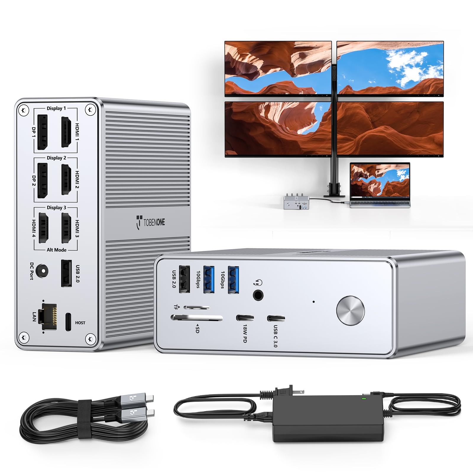 TobenONE Quad Monitor Dock 18 in 1 DisplayLink USB C Laptop Docking Station