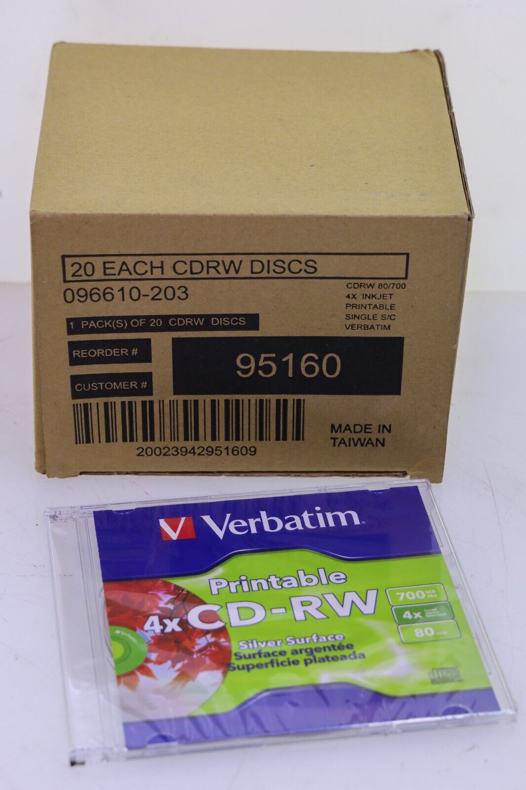 Verbatim 4x CD-RW Discs Printable Silver, Box of 20 with Jewel Cases 700MB/80min