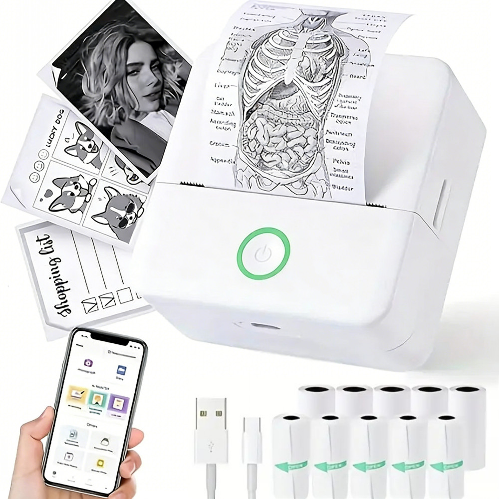 Mini Pocket Thermal Printer Wireless Inkless Photo Maker Machine +10 Rolls Paper