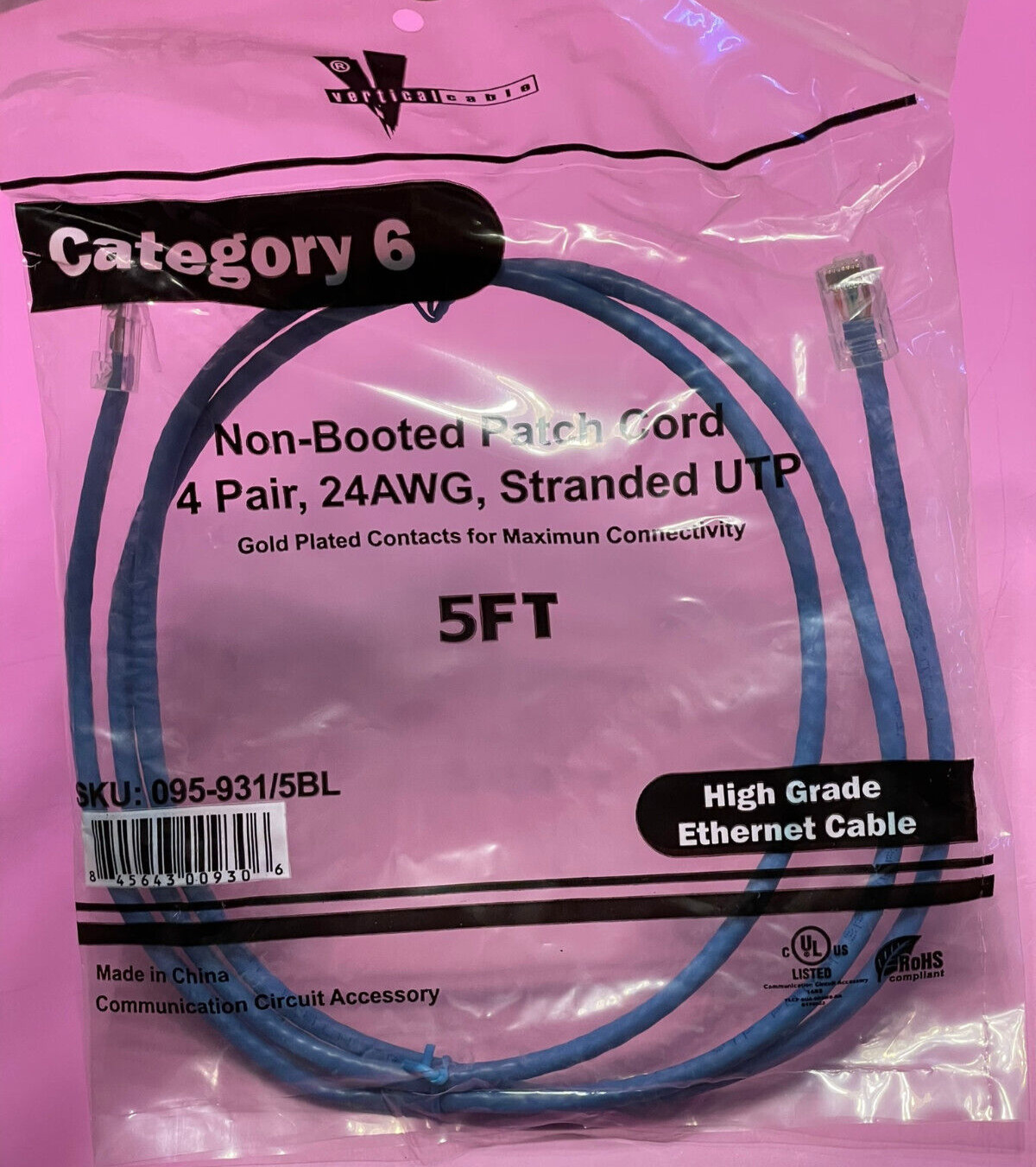 5FT Cat6 Ethernet Patch Cable Blue RJ45 24AWG UTP Vertical Cable