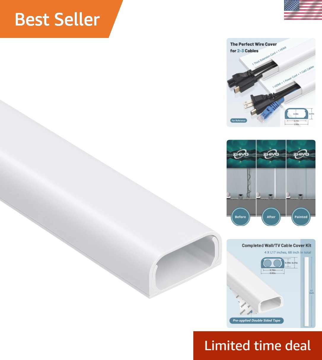 Elegant Cable Hider Raceway Kit, 68in with Paintable Design for Seamless Decor