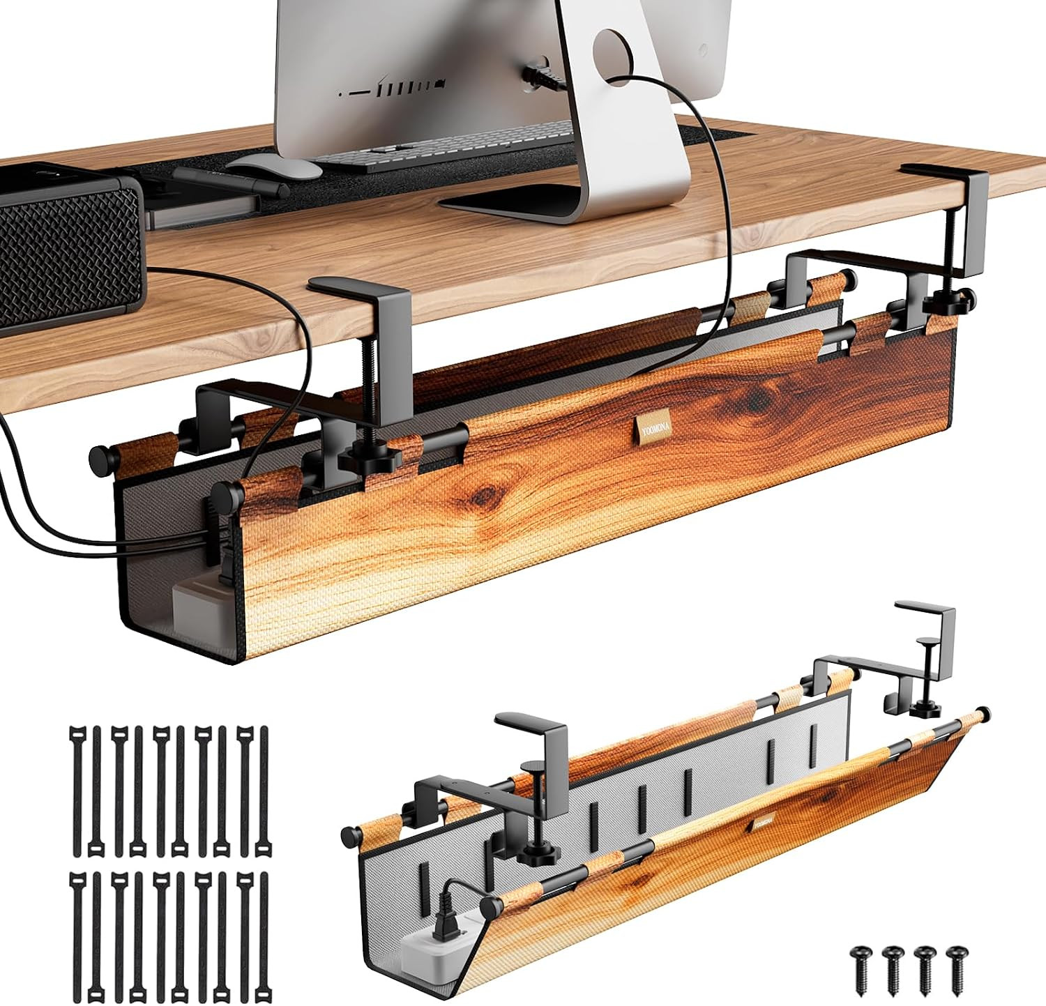 Under Desk Cable Management Tray 38.5 Inch No Drill Wood Grain Cord Organizer