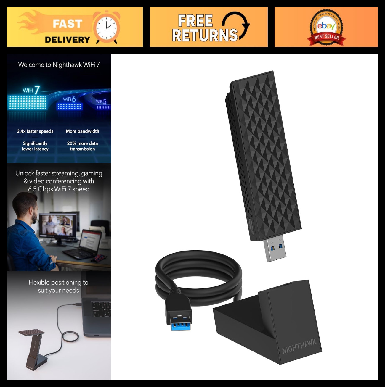 Tri-Band WiFi 7 USB Adapter - 6.5 Gbps Speed, 6 GHz Band, Windows 11 Compatible