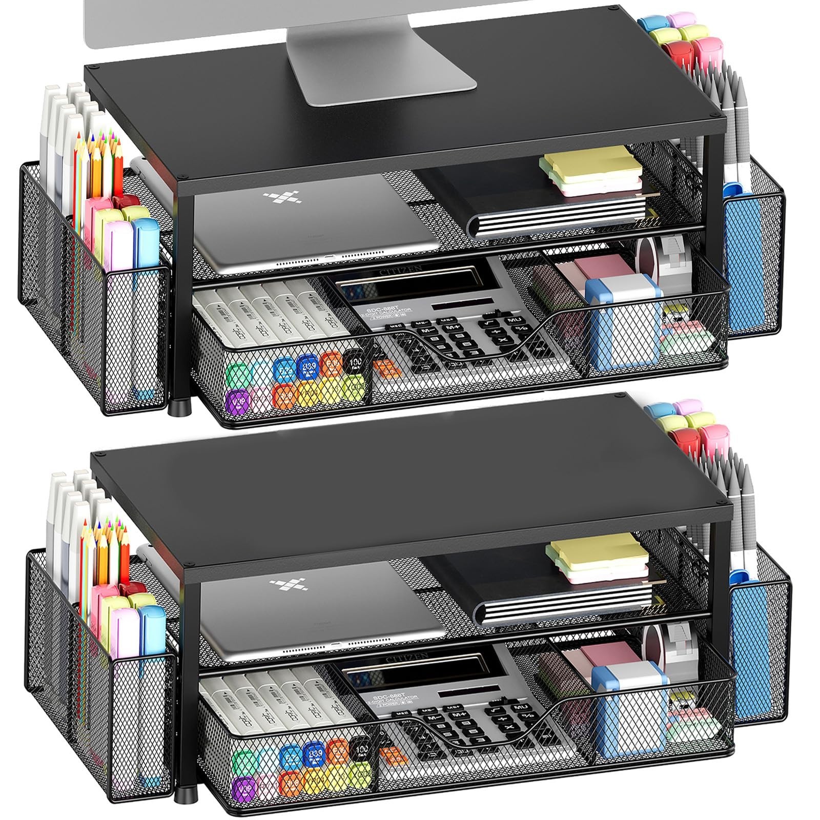 Pack Black Metal 2-Tier Monitor Riser Desk Organizer Drawer Pen Holders