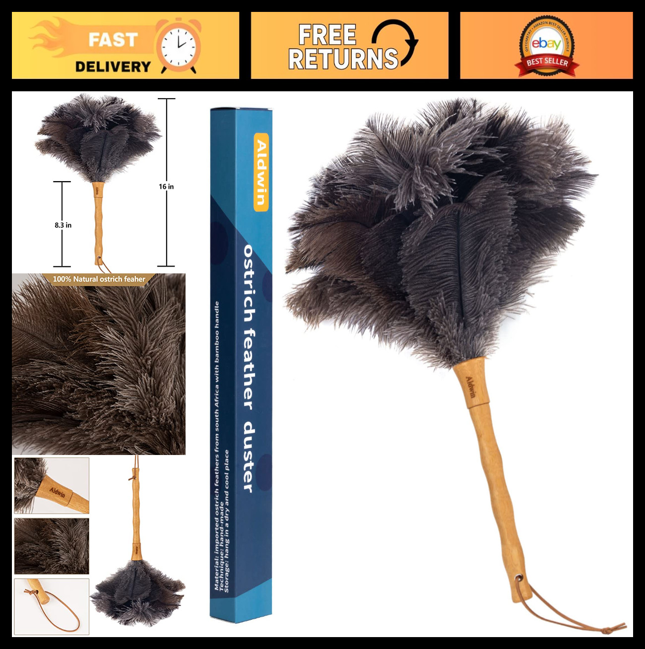 16" Natural Ostrich Feather Duster with Wood Handle - Reusable Handheld Cleaning
