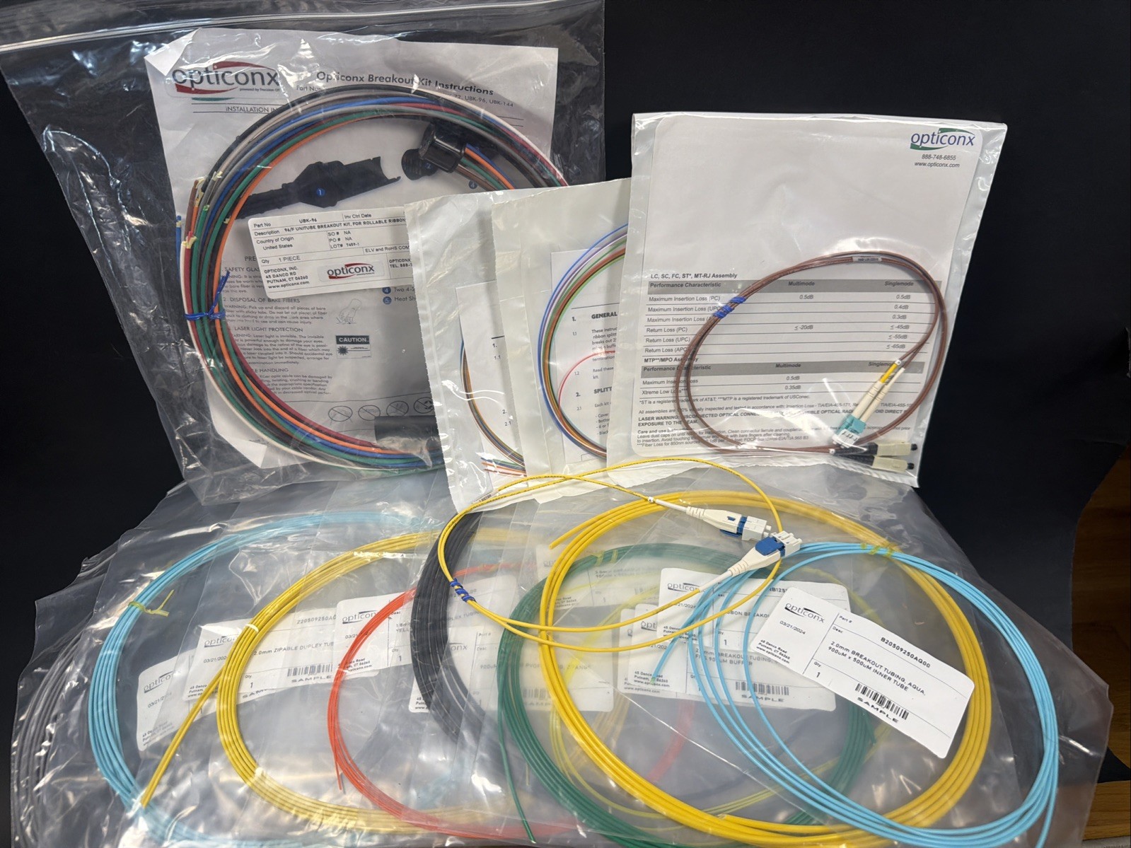 Opticonx Fiber Optic Installation Lot - UBK-96 Breakout Kit Splitters Tubbing Ca
