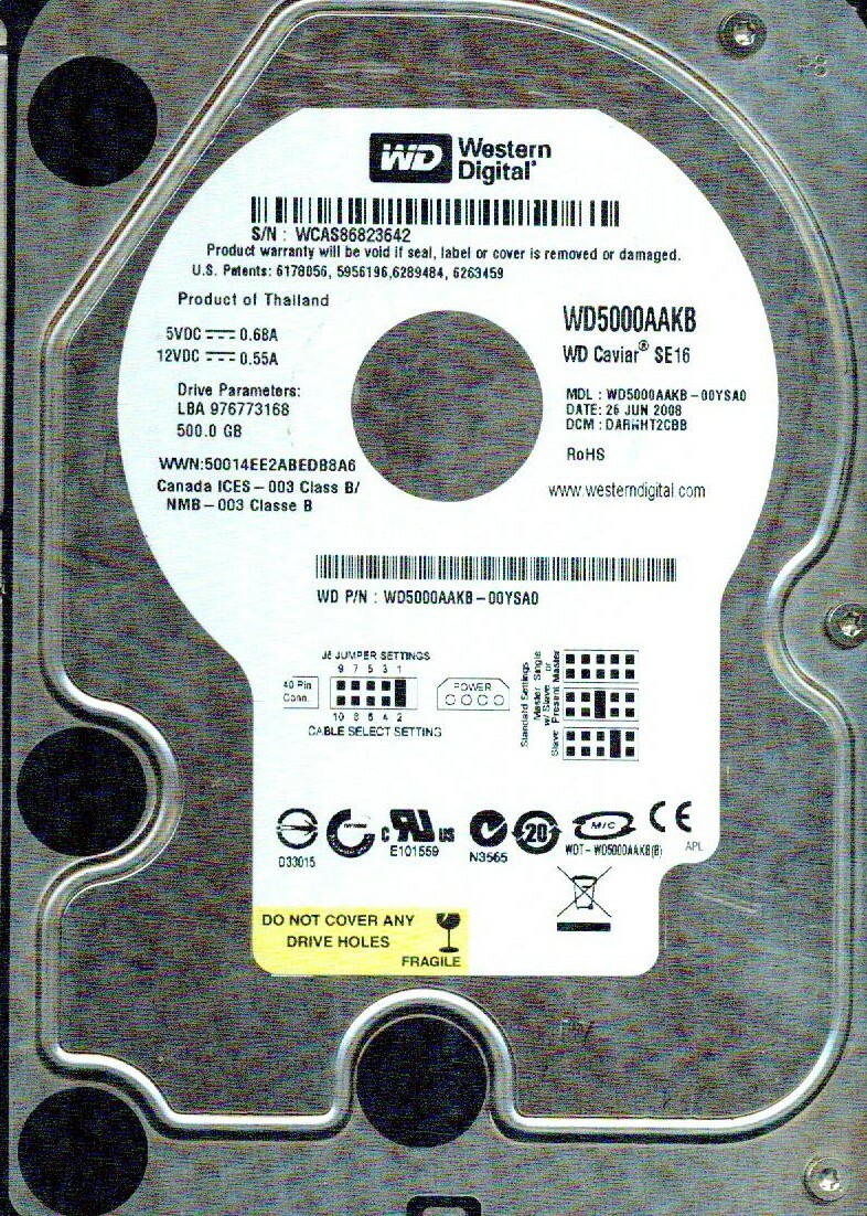 WD5000AAKB-00YSA0, DARNHT2CBB,  WESTERN DIGITAL SATA 500GB WCAS JUN 2008