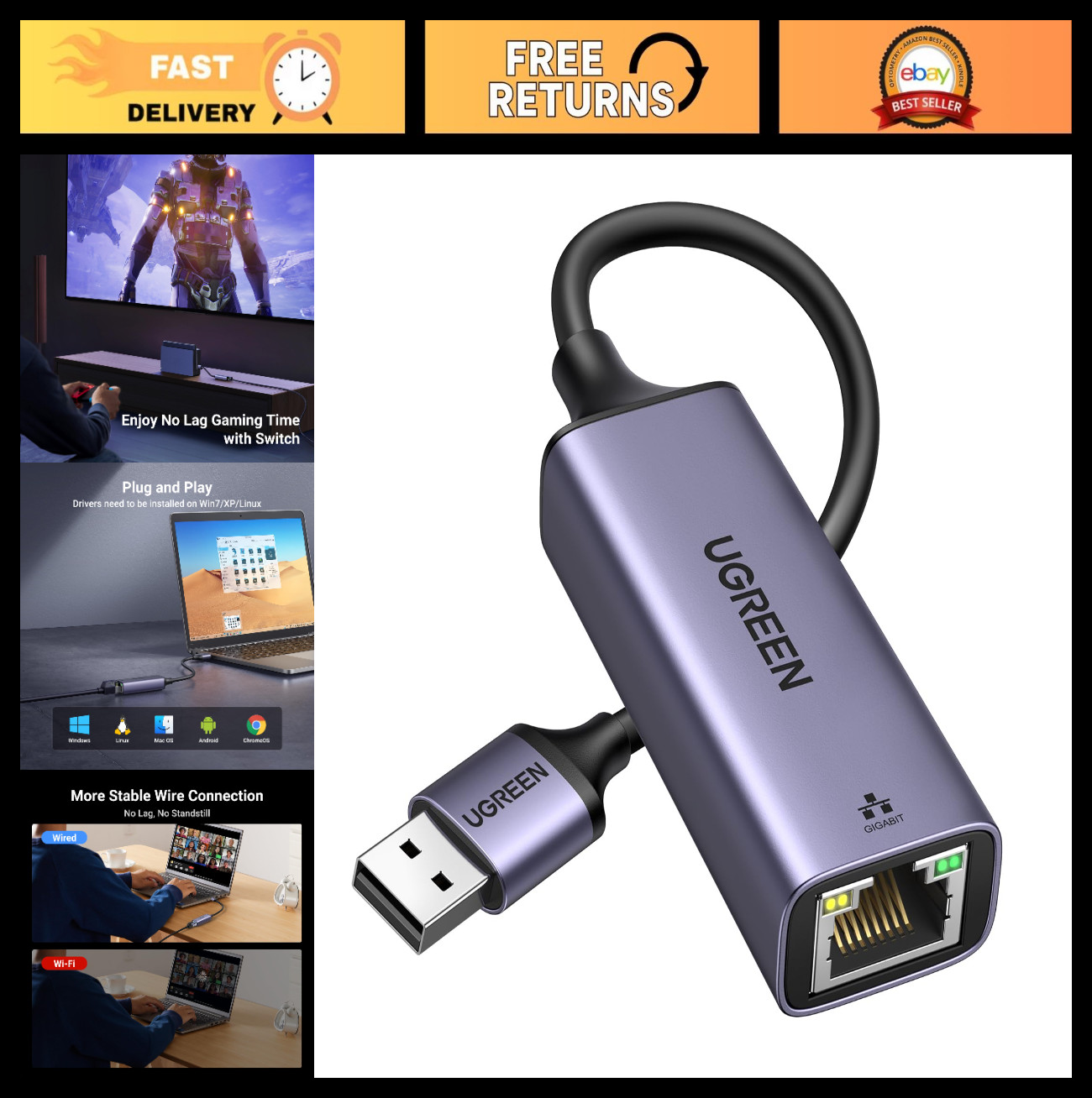 USB to Ethernet Adapter - 1Gbps Gigabit RJ45 to USB 3.0 Network Dongle, Plug & P