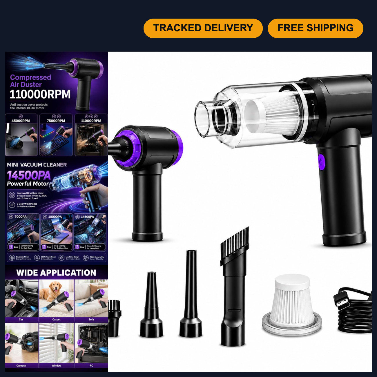 Powerful 3-in-1 Keyboard Vacuum & Electric Air Duster, 14.5KPA, USB, Portable Du