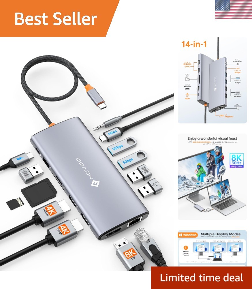 Versatile 14-in-1 USB C Hub Adapter with Dual 4K Video & Gigabit Ethernet Port