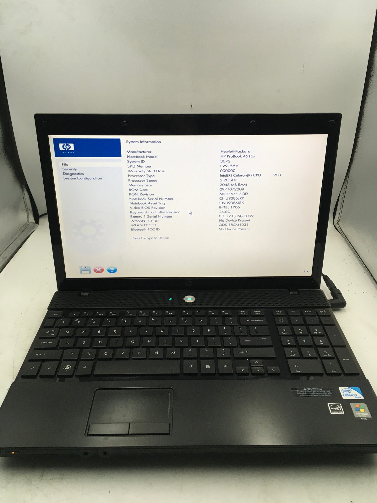 HP PROBOOK 4510S - BOOTS TO BIOS - INTEL CELERON 900 - 2GB RAM - 15" - READ - BB