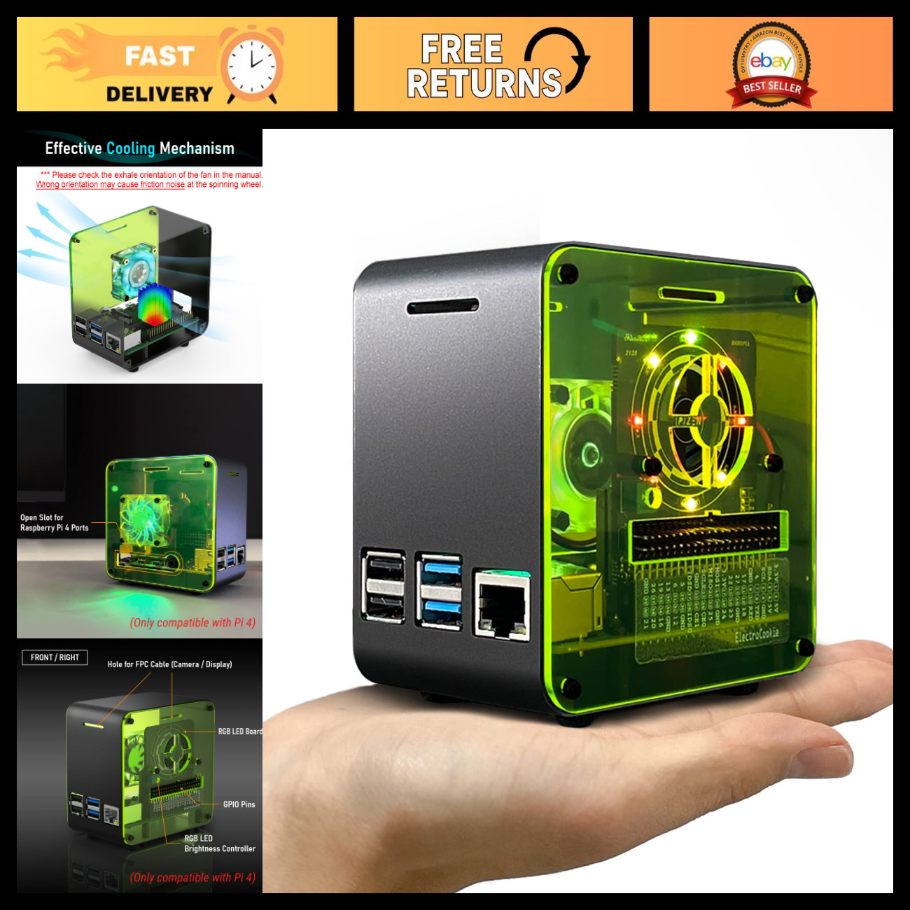 Aluminum Mini Tower Case for Raspberry Pi 4 with Cooling Fan & LED Ambient Light