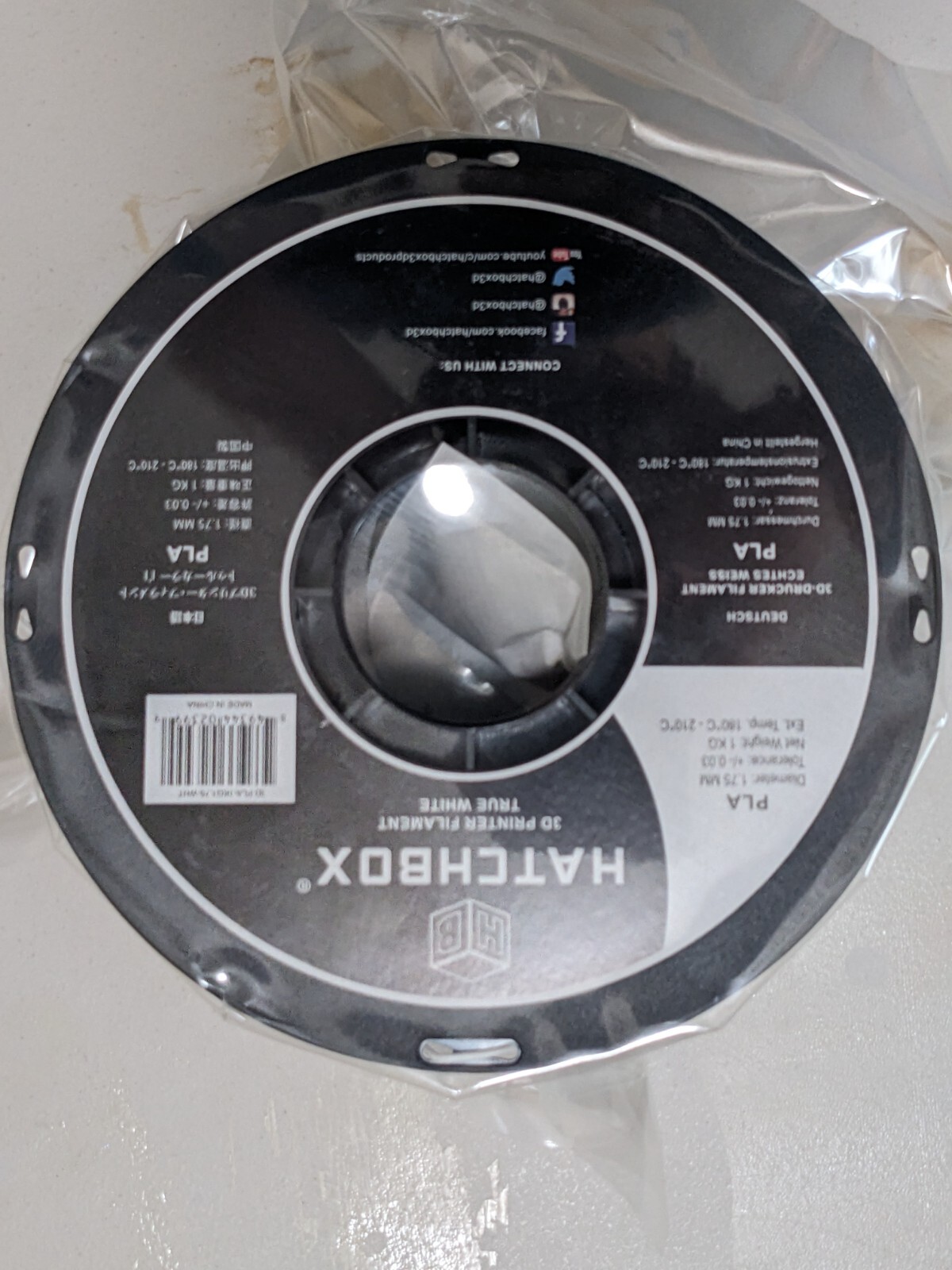HATCHBOX 3D PLA-1KG 1.75-WHT T Printer Filament - White - Brand New