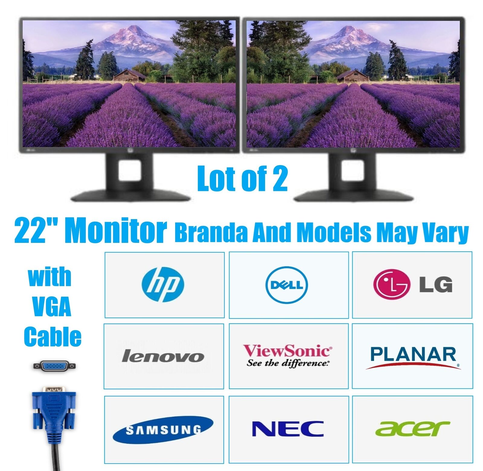 2x 22 inch Large Major FHD 1920x1080p LCD Widescreen Monitors w/Stand VGA Cable