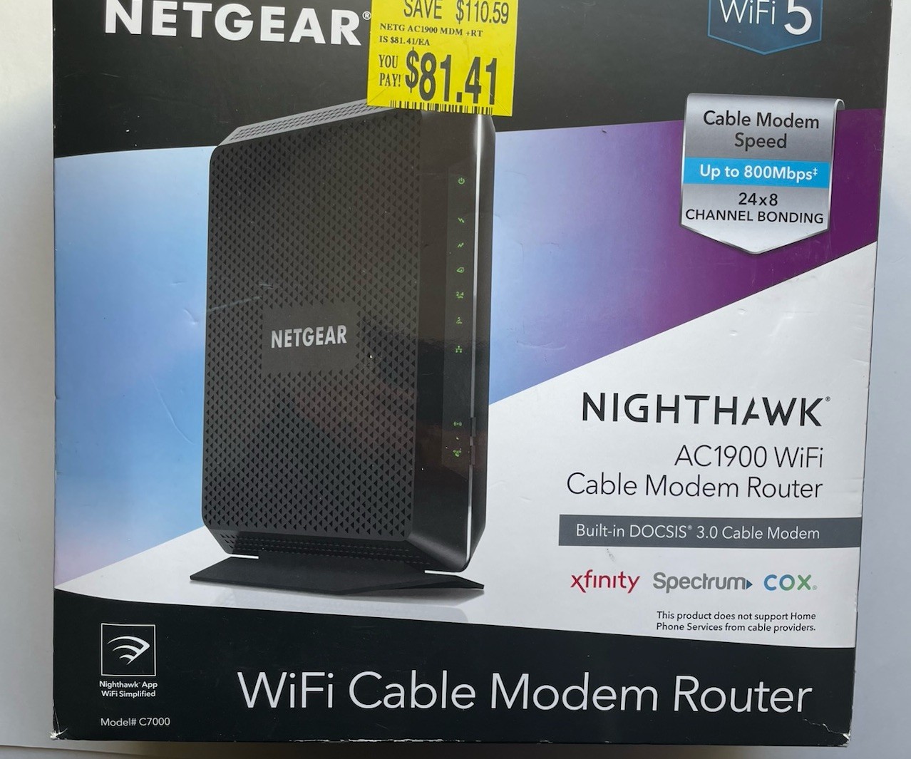 NETGEAR Nighthawk AC1900 WiFi Cable Modem Router C7000v2, Ethernet & Coax Ports