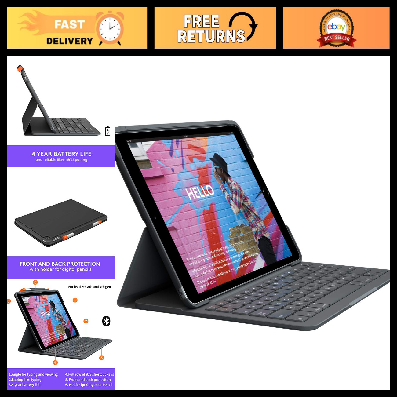 Slim Folio Keyboard Case for iPad 7th 8th 9th Gen - Lightweight, Graphite Color