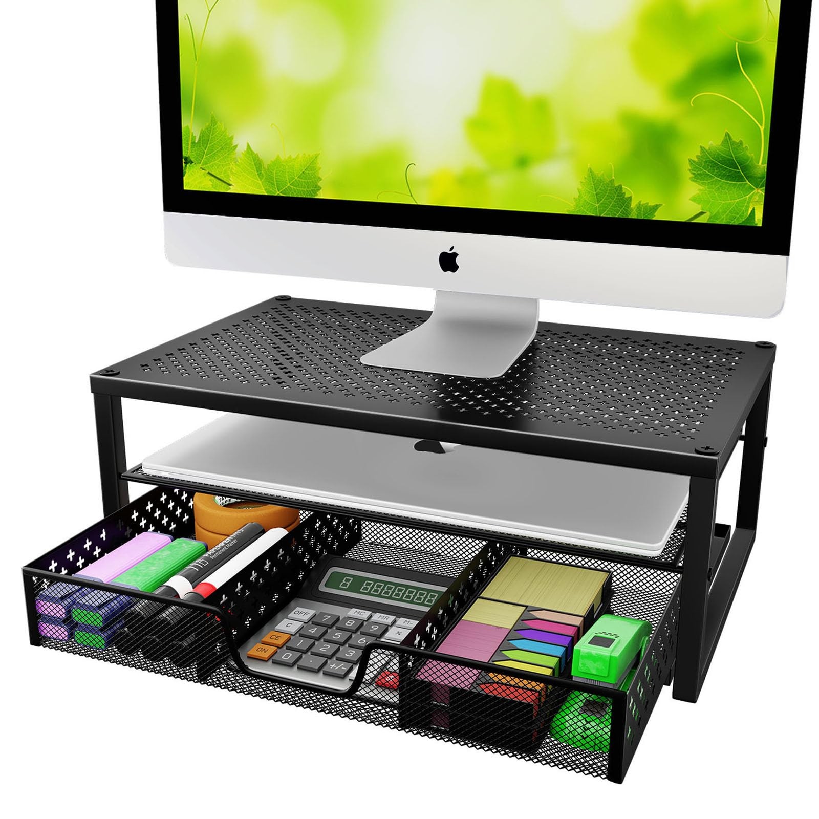 Simple Trending Metal Monitor Stand Riser and Computer Desk Organizer with Dr...