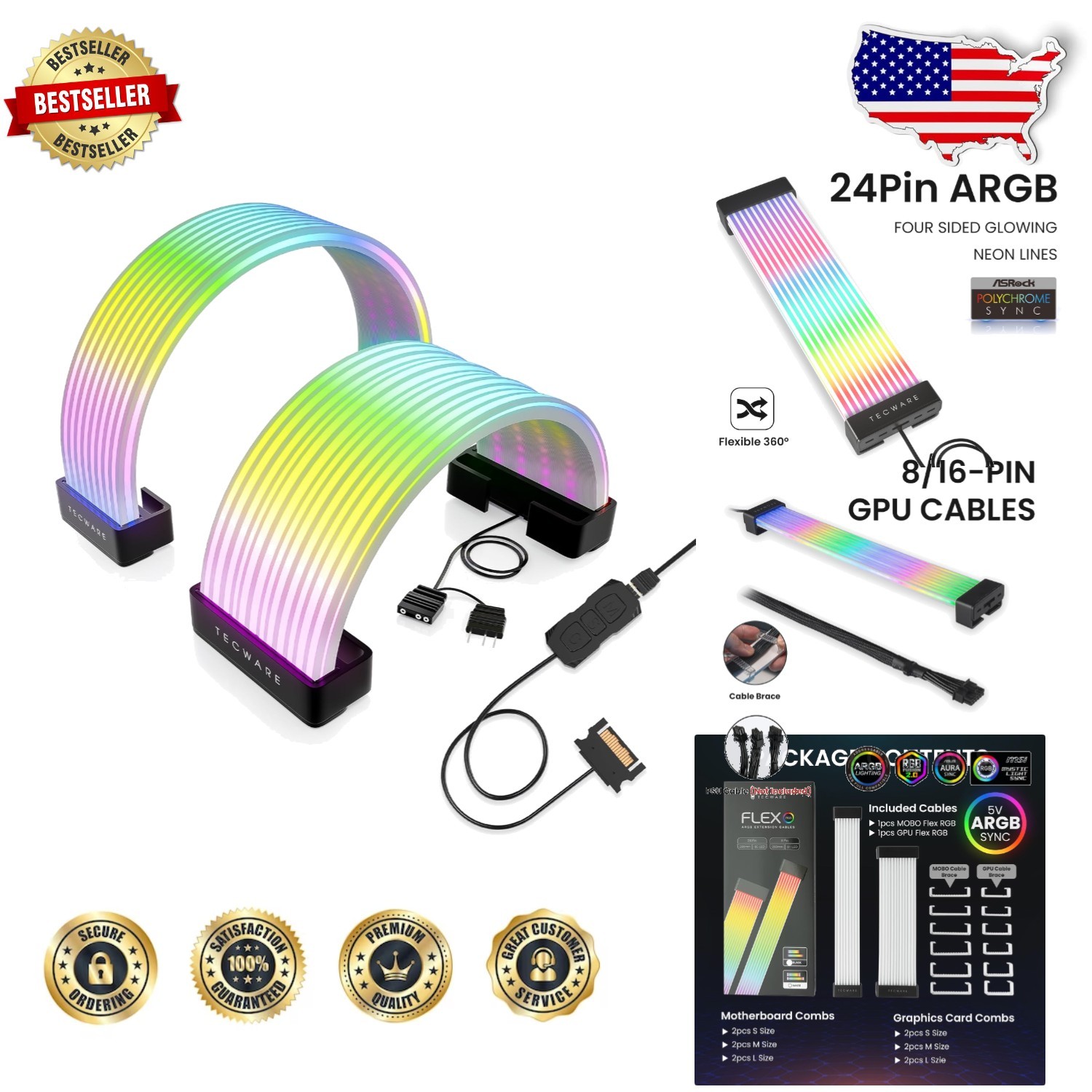 RGB Cable Kit: 24-Pin & 8/16-Pin GPU ARGB PSU Extensions, 81 LEDs, Black