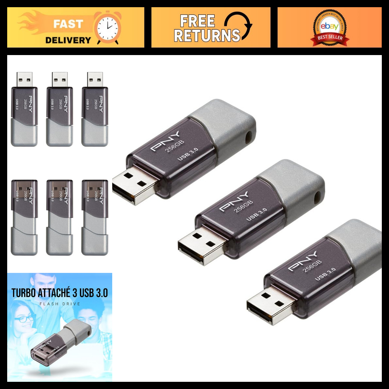 256GB USB 3.0 Flash Drive - Turbo Attaché 3, High-Speed Storage, 3-Pack