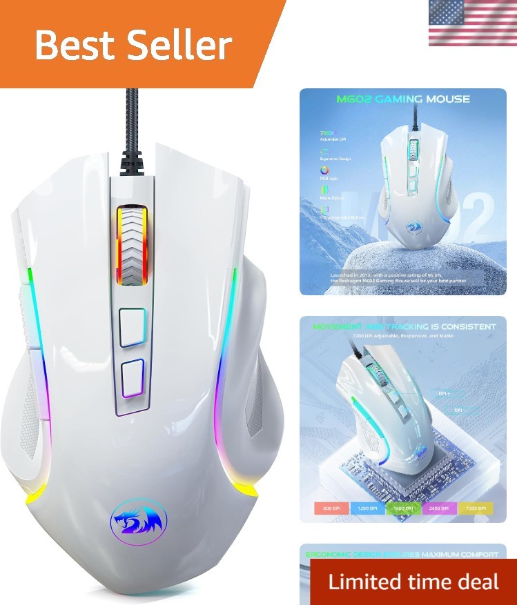 M602 Gaming Mouse, Ergonomic RGB Gaming Mouse Wired with 7200 Adjustable DPI,...