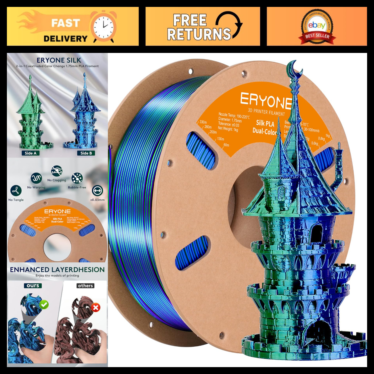 Bicolor PLA Filament 1.75mm for 3D Printers - Dual Color Two Tone 1KG Blue Green