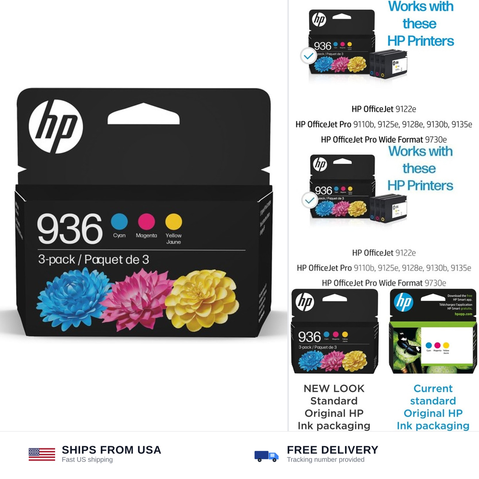 HP 936 Cyan, Magenta, Yellow Ink Cartridges (3-Pack) | Works with OfficeJet 9...