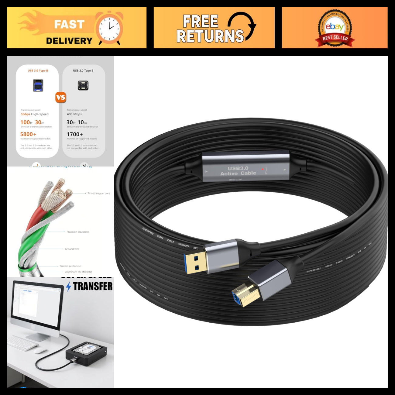 50FT USB 3.0 Printer Cable A to B, 5Gbps High-Speed with Signal Boosters & Power
