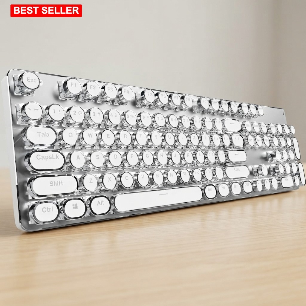 Wireless Typewriter Style Mechanical Keyboard White Backlit, Three Mode Connect