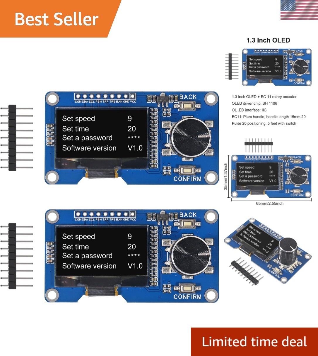 2PCS 1.3-inch OLED Module Button EC11 Rotary Encoder IIC Interface LCD Screen...