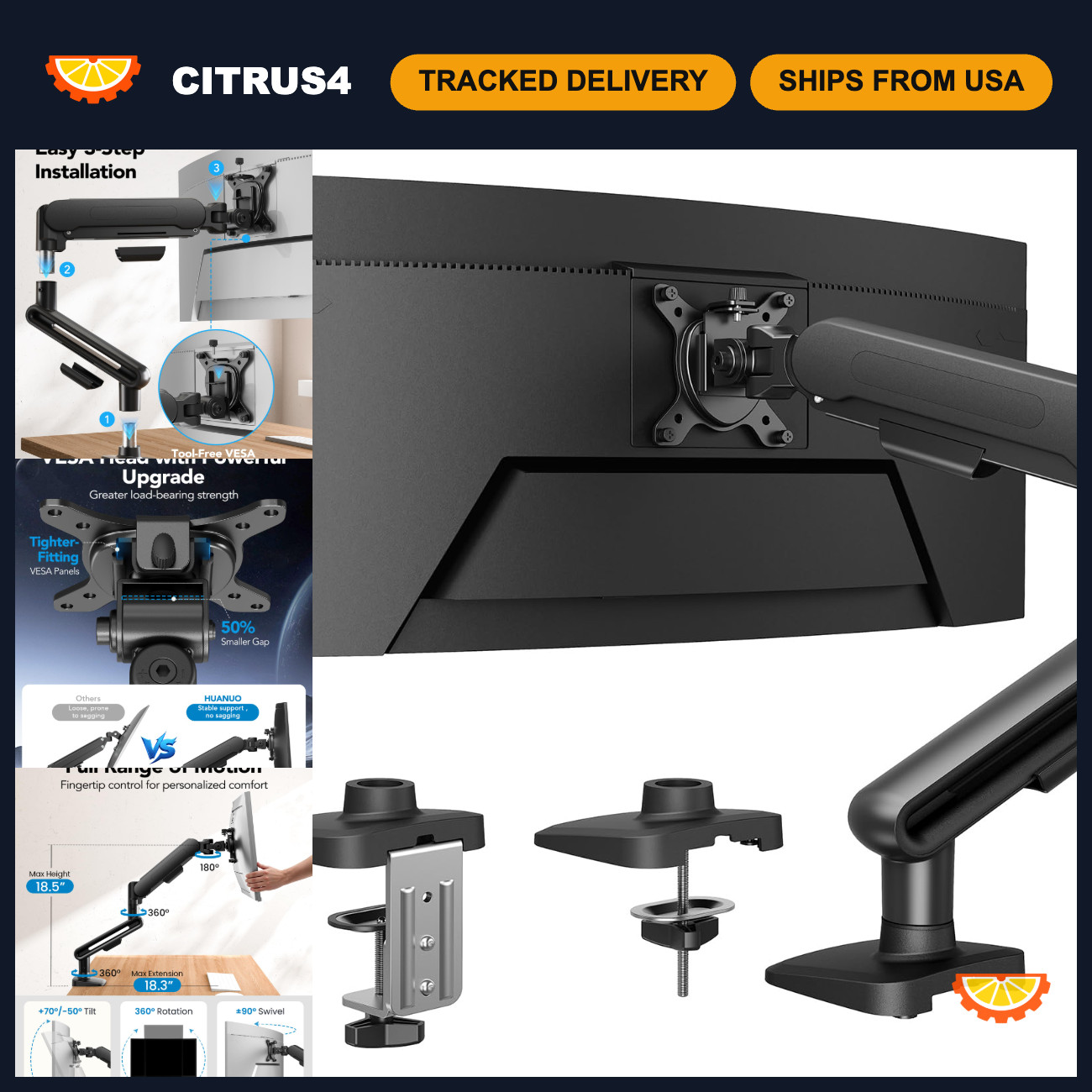 Adjustable Ultrawide Monitor Arm for 13-40" Screens, C-Clamp & Grommet Base, VES