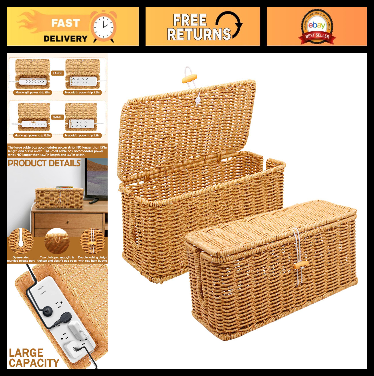 2PCS Rattan Cable Management Box - Handmade Cord Organizer with Open Slots for D