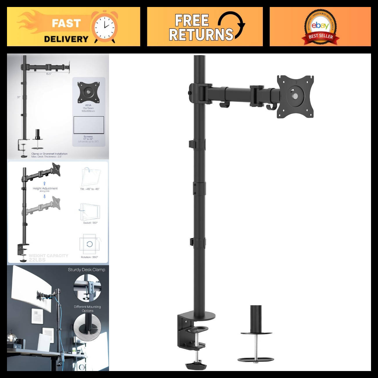Adjustable Black Single Monitor Desk Mount for 38" Ultrawide Screens - STAND-V00