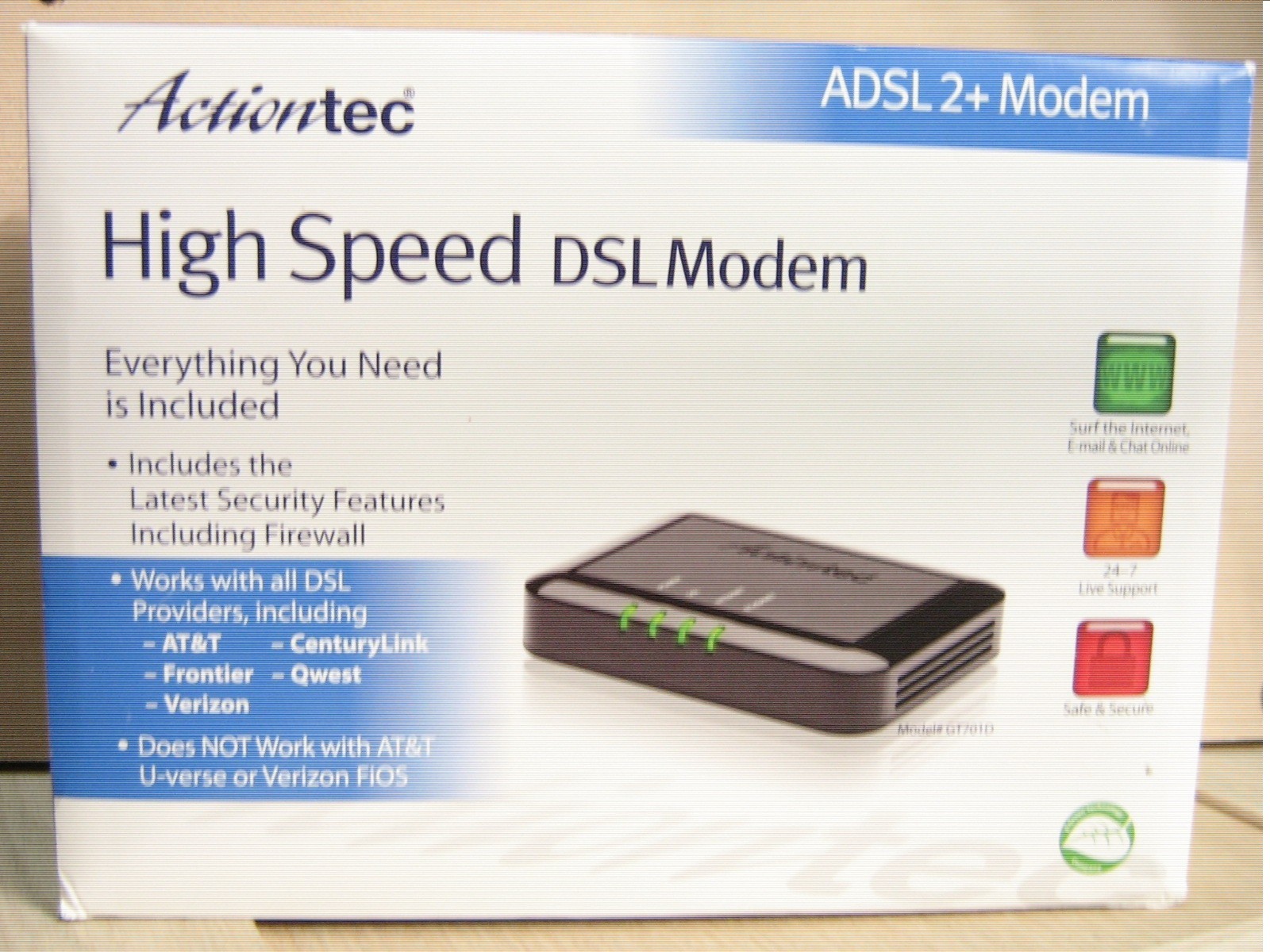 Actiontec High Speed DSL Modem Model# GT701D (GEU003AD3B-01), cables, manual, CD