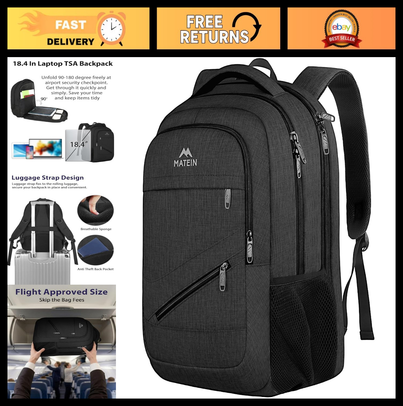 Extra Large 18" Laptop Backpack, 50L Travel Bag, Water-Resistant, Multi-Pocket