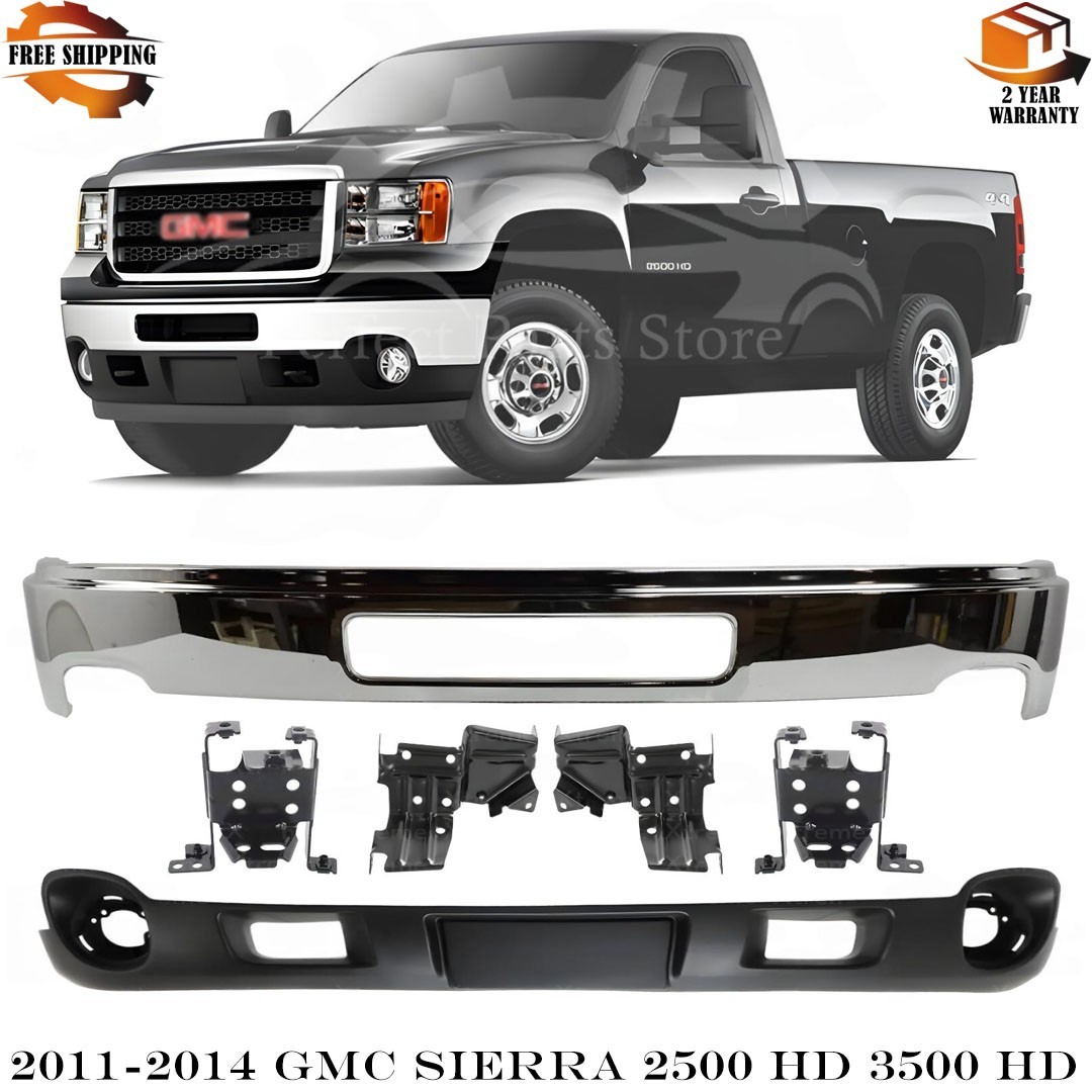 Front Bumper Chrome & Brackets Kit For 2011-2014 GMC Sierra 2500 HD & 3500 HD