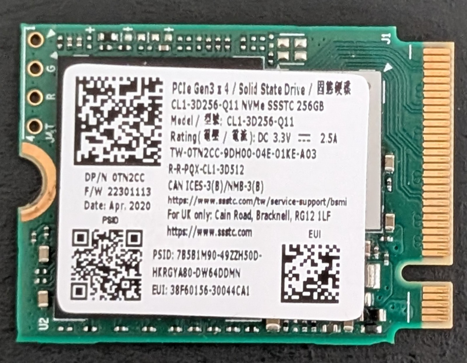 SSSTC 256GB PCIe 3.0 NVMe SSD 2230 Model: CL1-3D256-Q11 / 0TN2CC