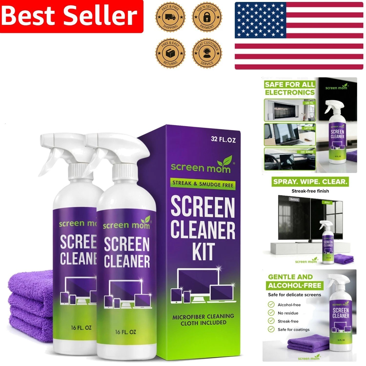 Screen Cleaner Spray 2-Pack Microfiber Cloth 32oz Streak-Free All TV Computer...