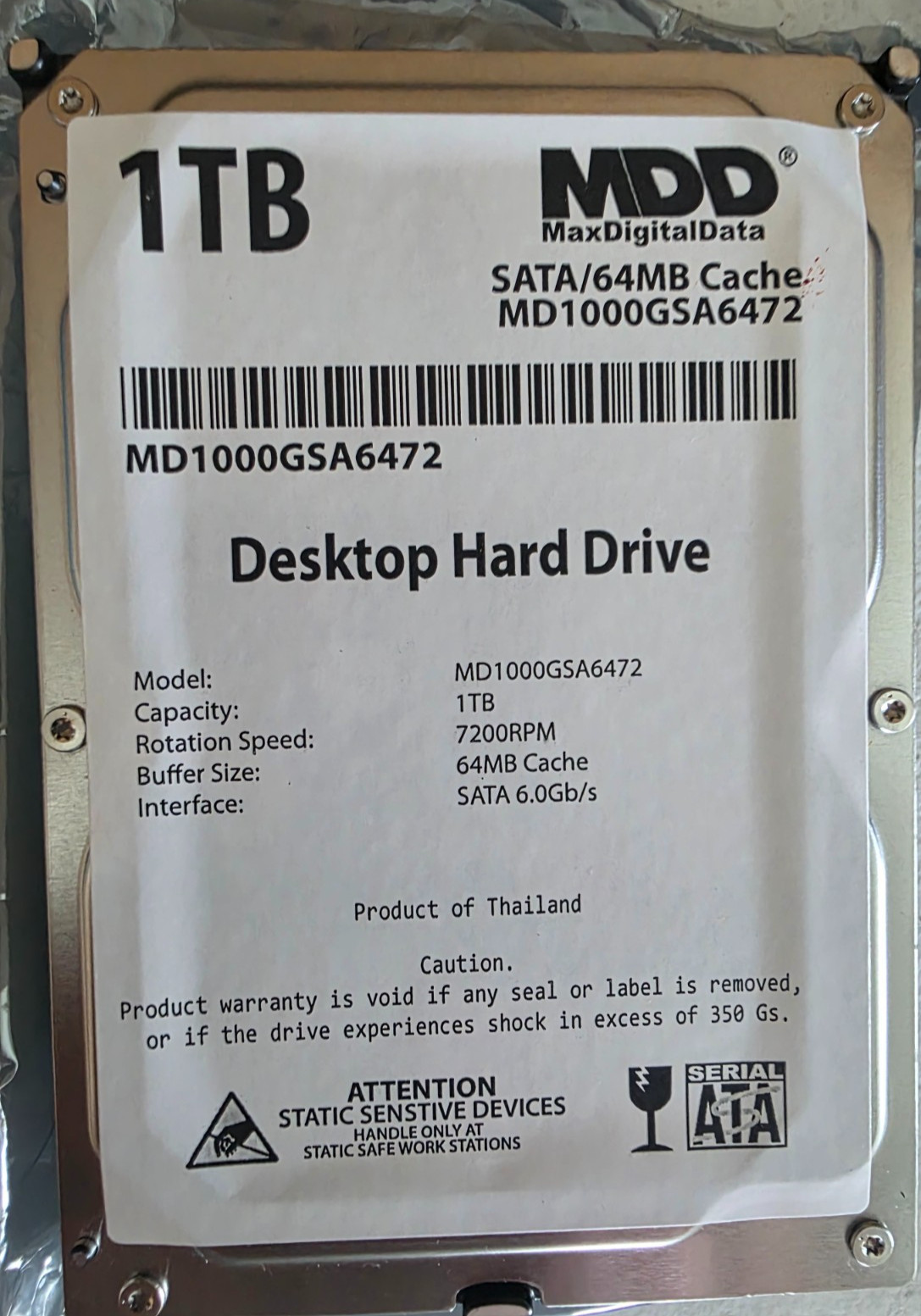 MDD 1TB 64MB Cache SATA 6Gb/s 3.5" Desktop Hard Drive -PC/Mac, NAS, Surveillance