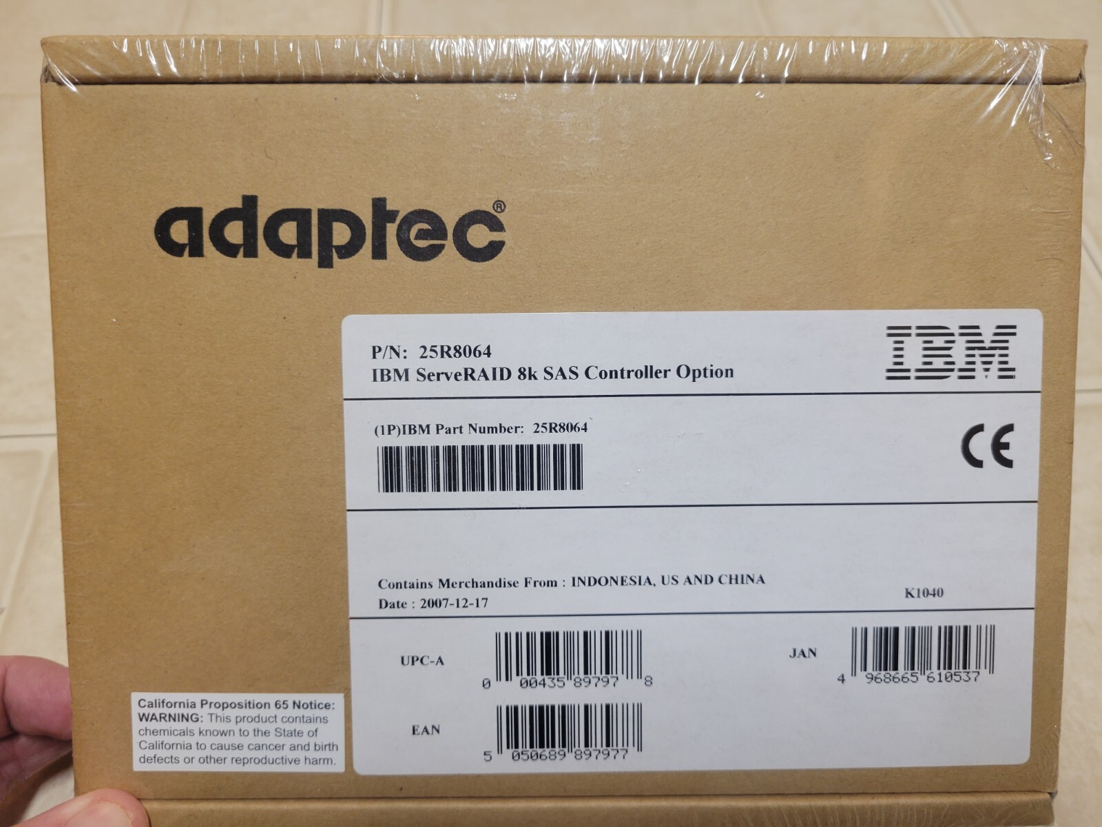 Adaptec IBM ServeRAID 8k SAS Controller (P/N 25R8064) - BRAND NEW/SEALED