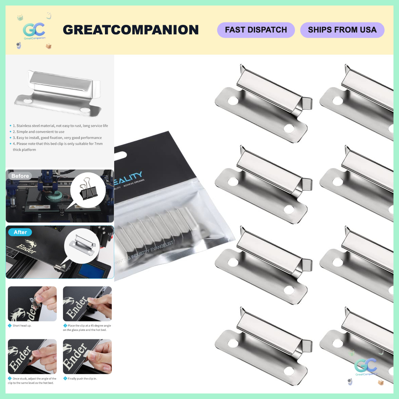 8 Pcs 3D Printer Glass Bed Clips, Stainless Steel Bed Clamps for Ender 3, 5, CR-