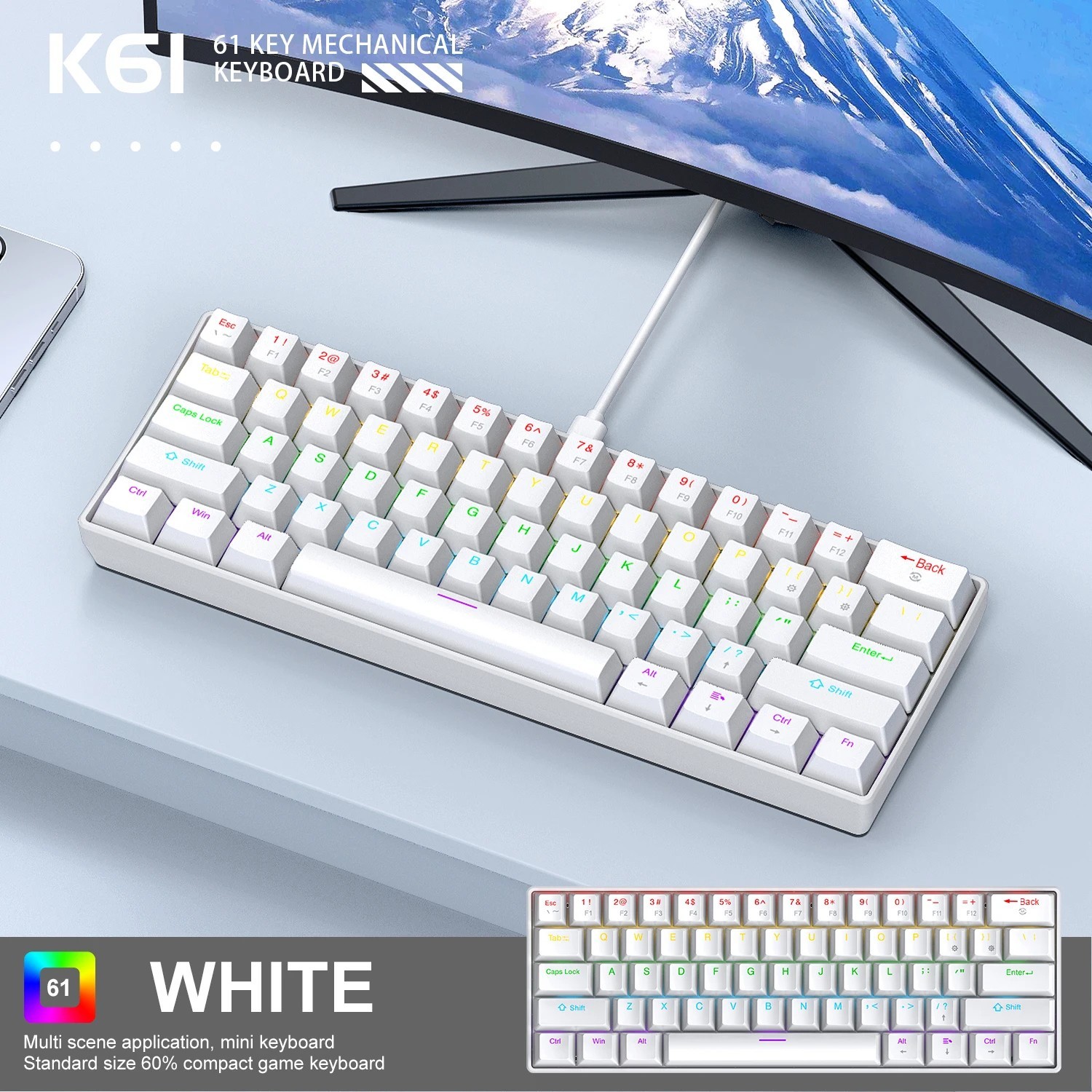 GK61 Mechanical Gaming RGB LED Keyboard - White, Gaetron Optical Red Switches