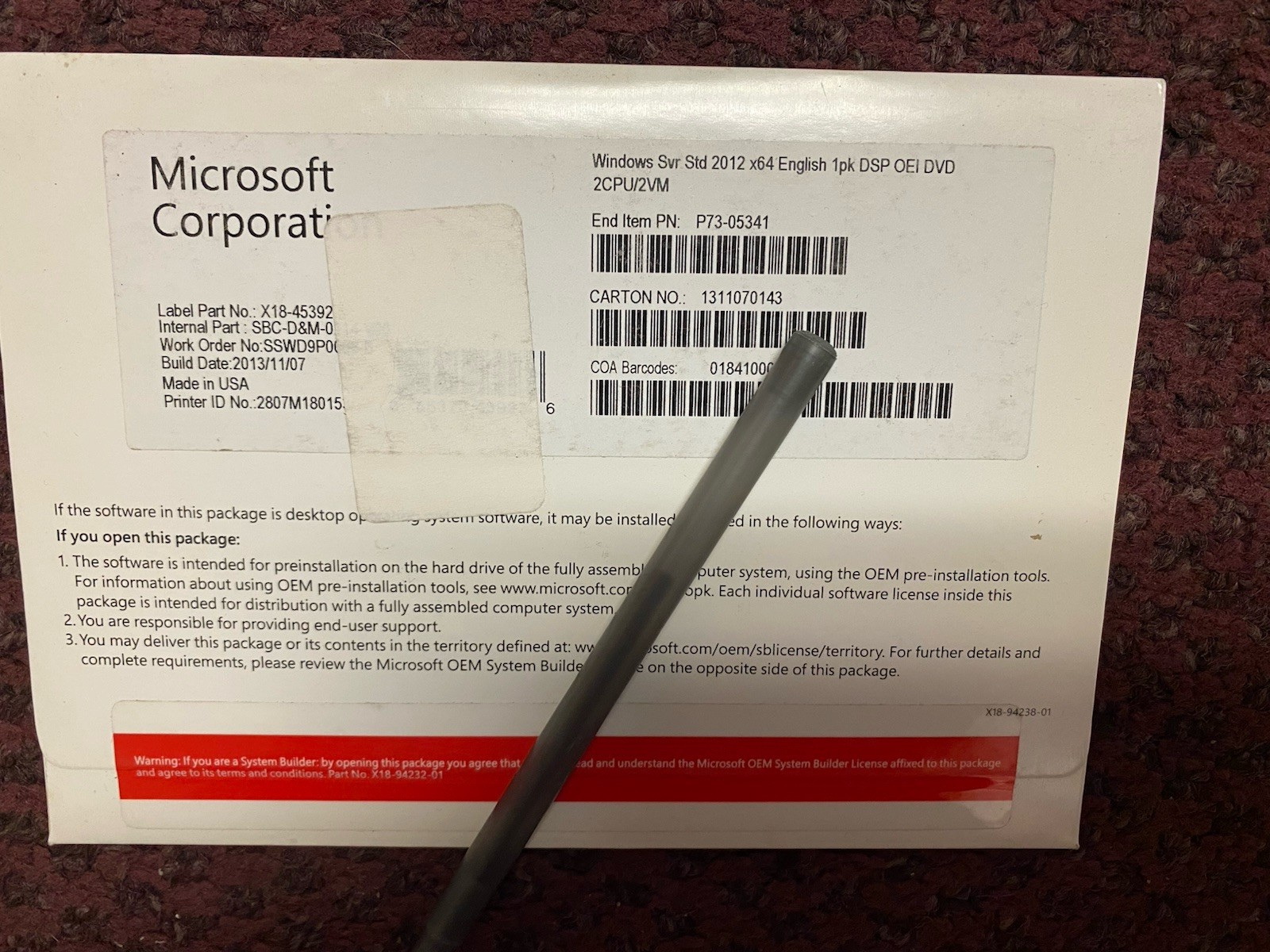 X18-45392 Microsoft Windows SVR STD 2012 x64 English Software DVD 2CPU/2VM
