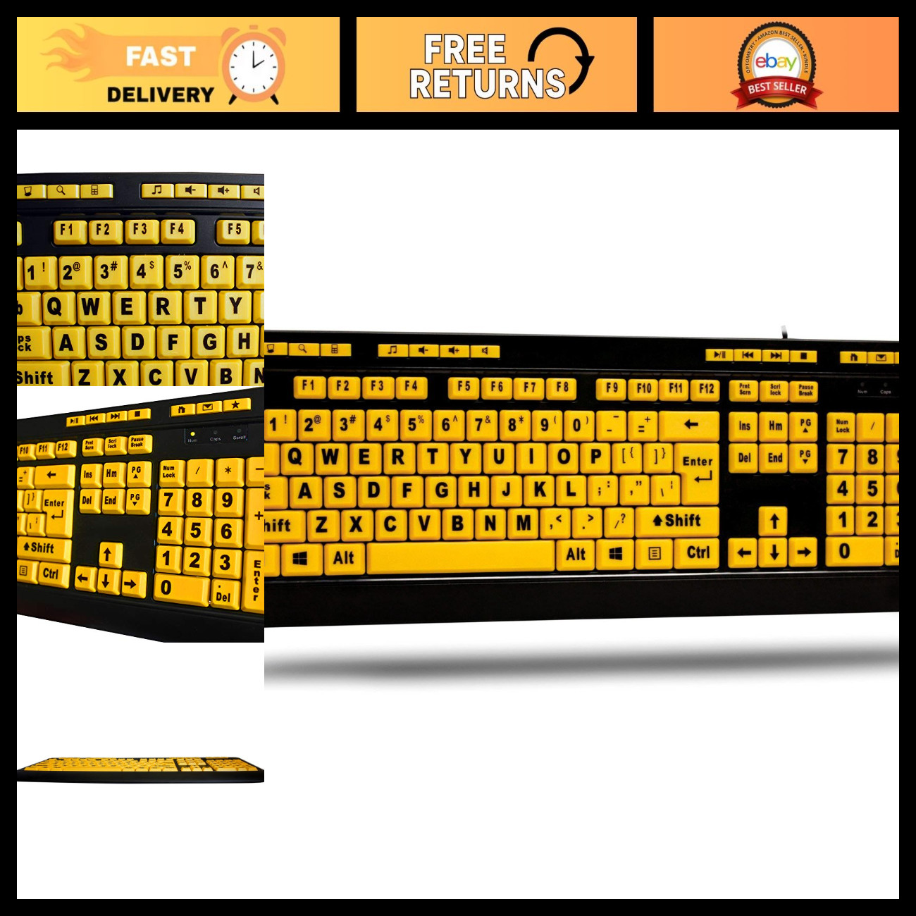 Luminous 4X Large Print USB Keyboard - Easy to Read, Black & Yellow Design