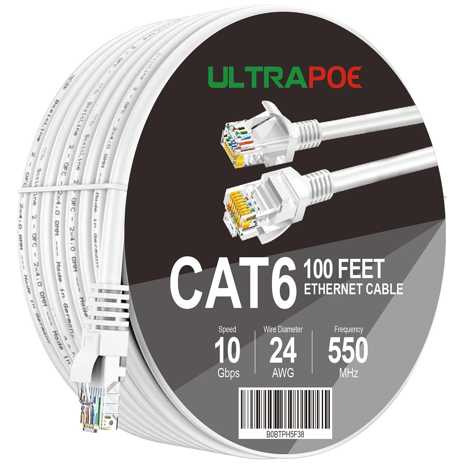 Ultra Poe Cat6 Ethernet Cable 100 Ft 10Gbps LAN Network, Gold Plated RJ45