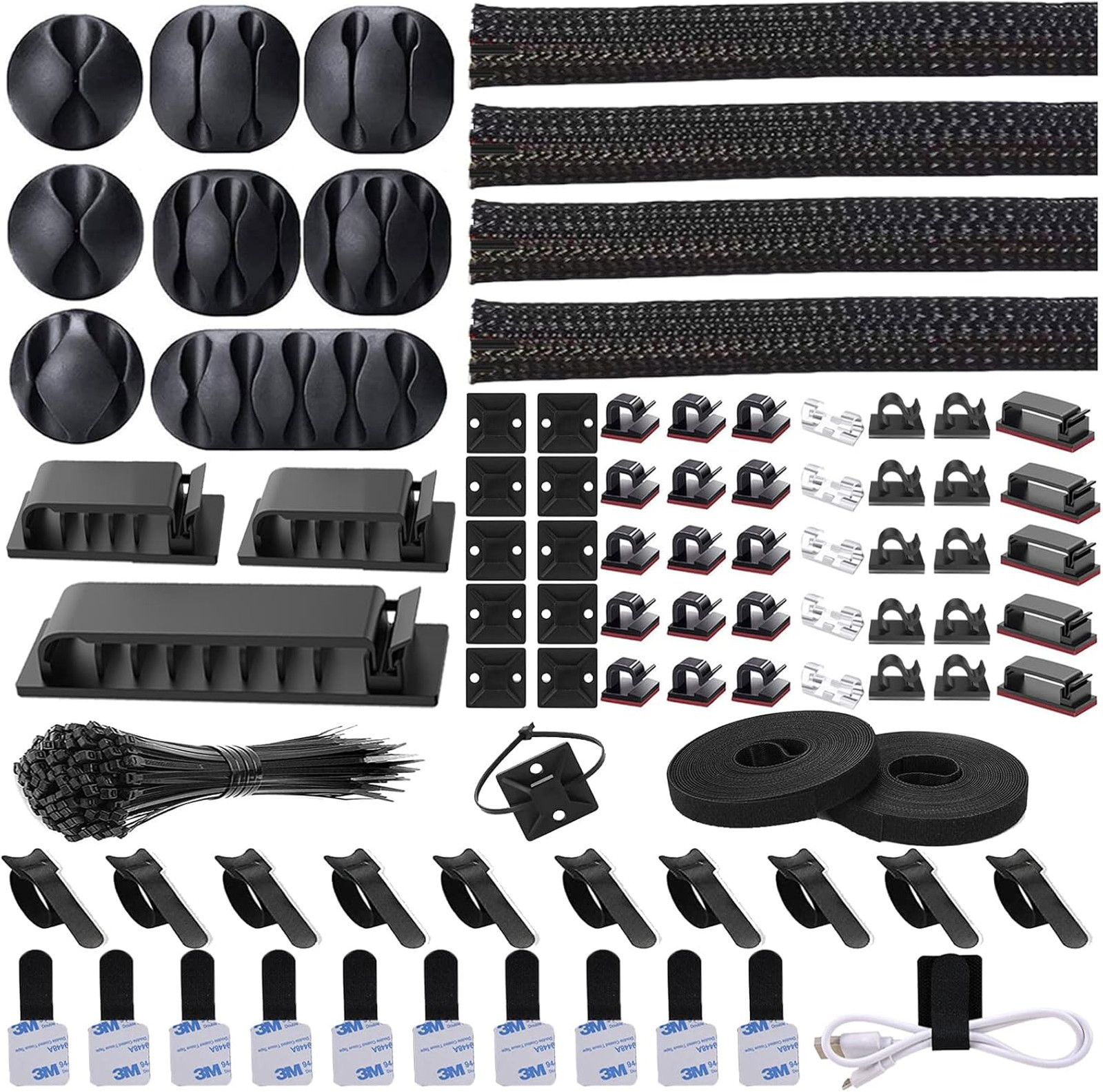 192 Piece Cable Management Kit with Sleeves Clips Ties and Holders for Computer
