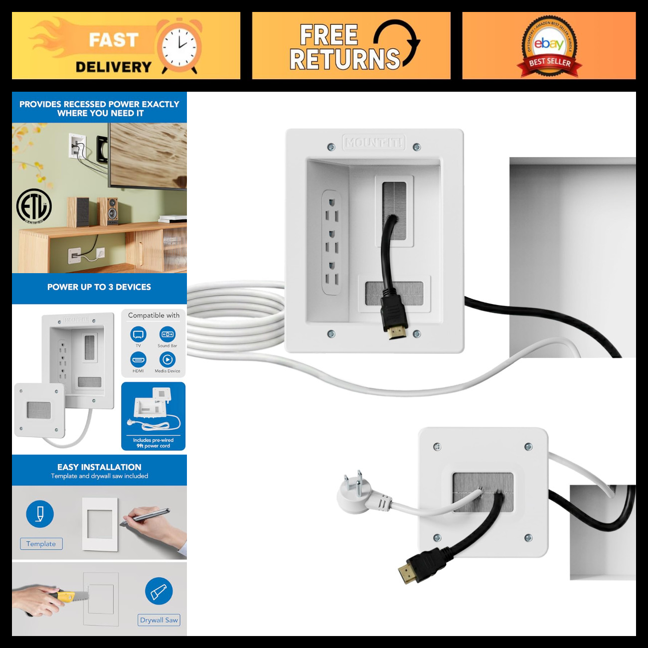 In-Wall TV Cable Concealer Kit - Recessed Power Outlet, 9ft Cord, Hand Saw, Easy