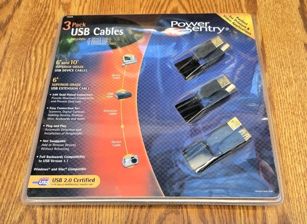 New Sealed Power Sentry 3 Pack USB Device Cables 102028 NIB 24K Plated